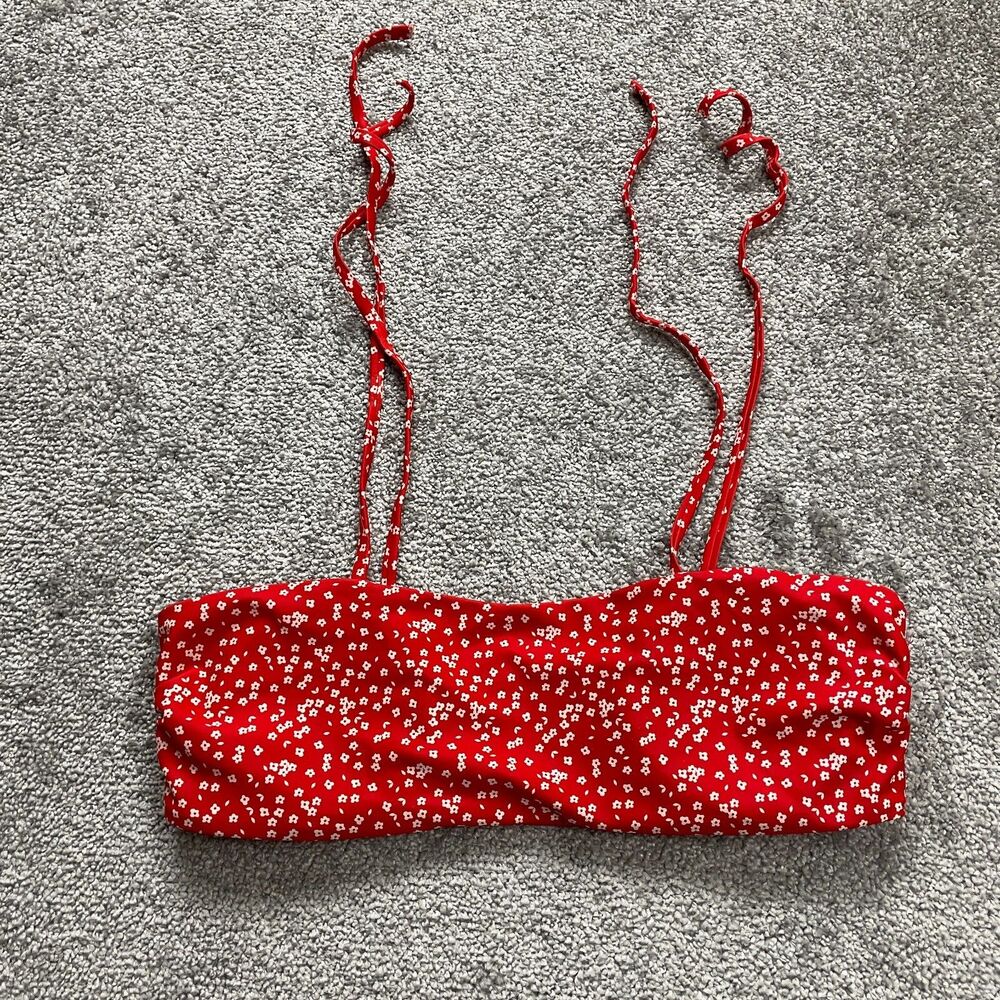Shein Bikini Top Womens Large Red Floral Bandeau Spaghetti Strap Self Tie Beach